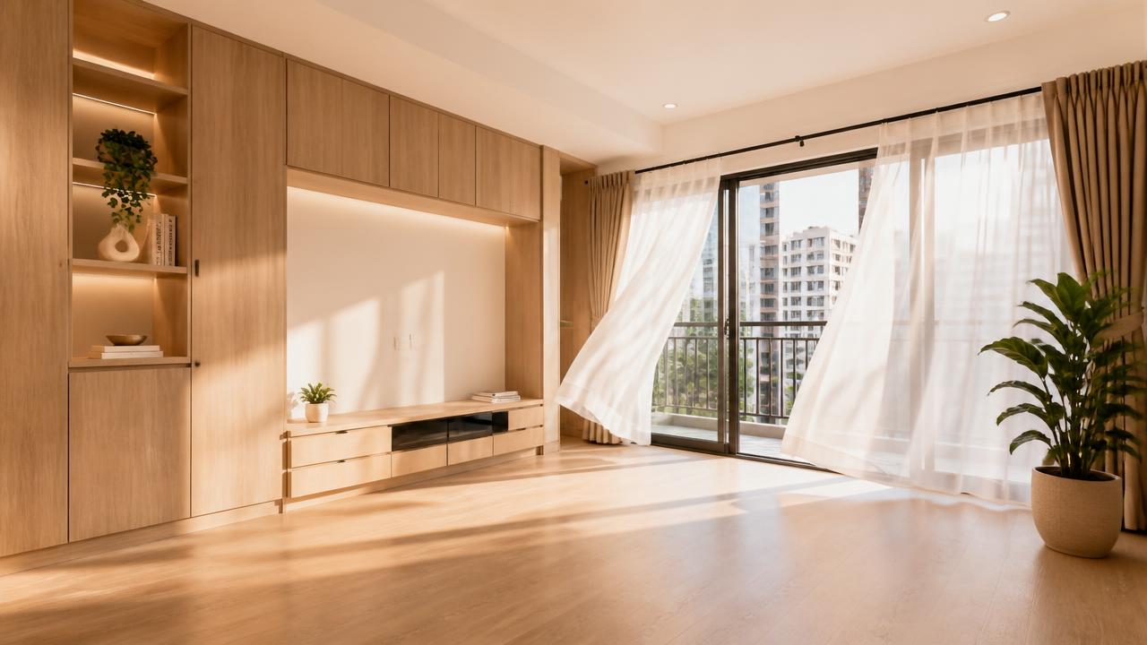 Bright, newly renovated Singapore apartment with light timber built-in carpentry and sheer curtains lifting in the breeze by a sunlit window